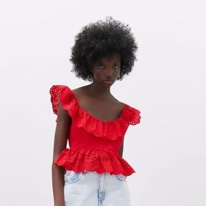 Never Worn: Zara Open Work Embroidered Top Red